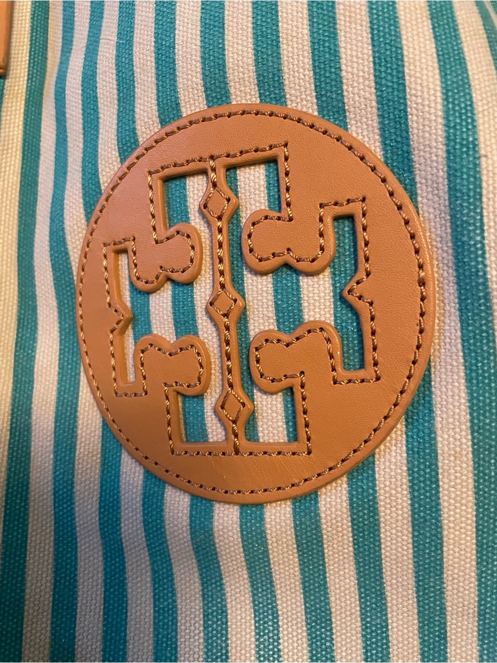 Tory Burch Turquoise and White Striped Canvas Tote with Tan Leather Trim - Picture 10 of 12